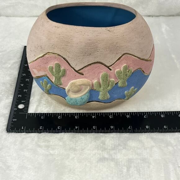 Southwestern Desert Scene Pottery Vase Cactus Sunset Relief Painted 5.5 Handmade - Picture 7 of 13